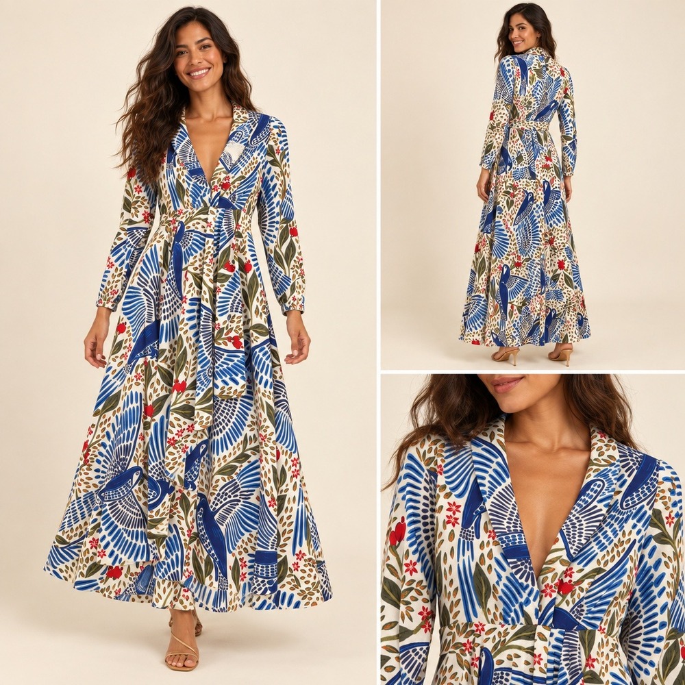 Farm Rio Macaw Flight Maxi Dress XS Cream Blue Bird Long Sleeve Tropical Plunge